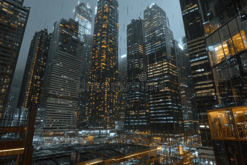 Peisaj urban modern iluminat pe timp de noapte cu zgârie-nori pe vreme ploioasă stock illustration