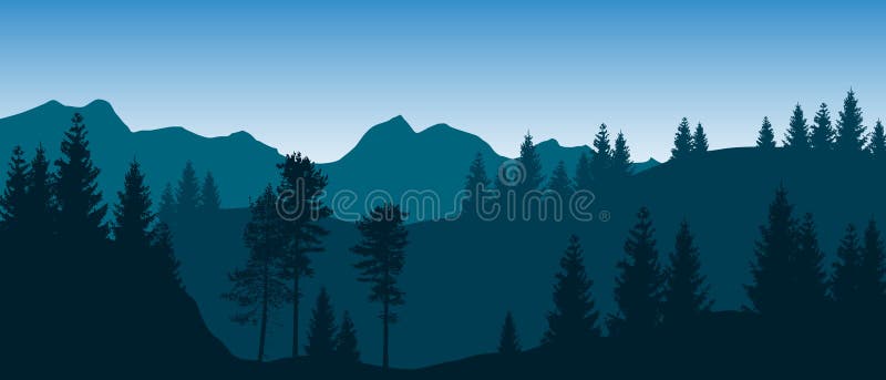 Peisaj vectorial albastru frumos cu munți împăduriți stratificați stock illustration