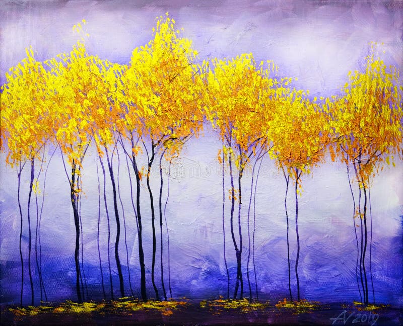Peisaje de pictură cu ulei, arbori de aur colorați abstracți royalty free illustration