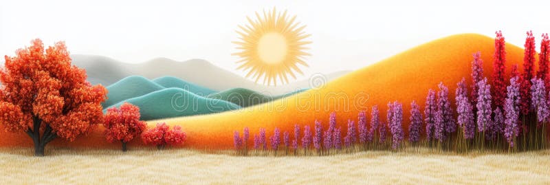 Peisajul de toamnă de pe deal, o scenă de toamnă senină, cu dealuri colorate și flori sub un soare strălucitor ideal pentru royalty free illustration