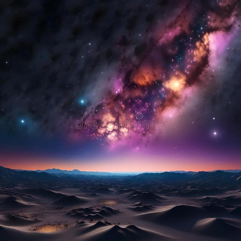 Peisajul deșertului generat de AIa generat un cer mistic, colorat, cu un Milkyway și stele strălucitoare stock illustration