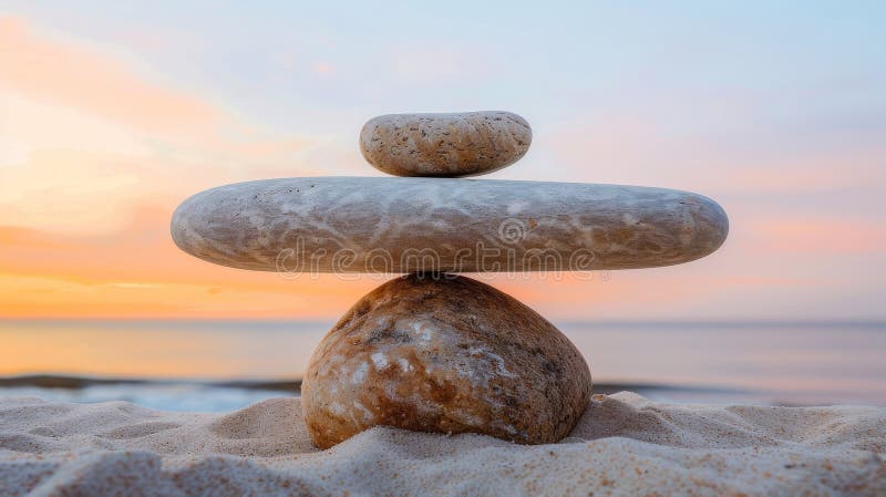Peisajul mediatic Serene zen liniștit, cu pietre echilibrate pentru reflexia spirituală vector illustration