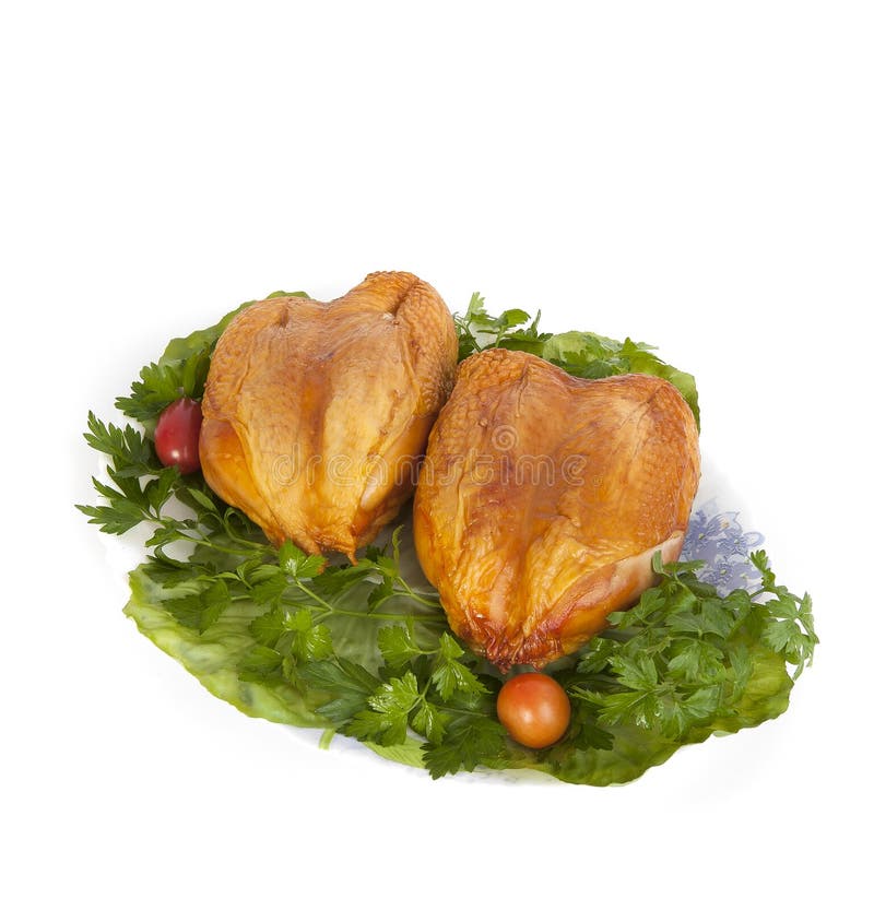 Peito de frango fumado nas folhas da alface imagem de stock Peito de frango fumado nas folhas da alface imagem de stock