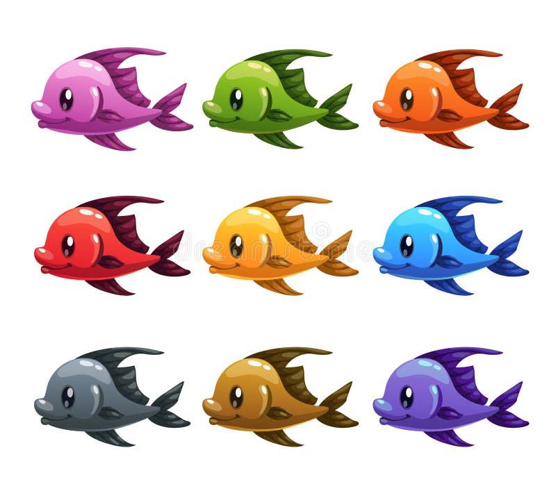 Peixes coloridos dos desenhos animados bonitos ajustados ilustração do vetor