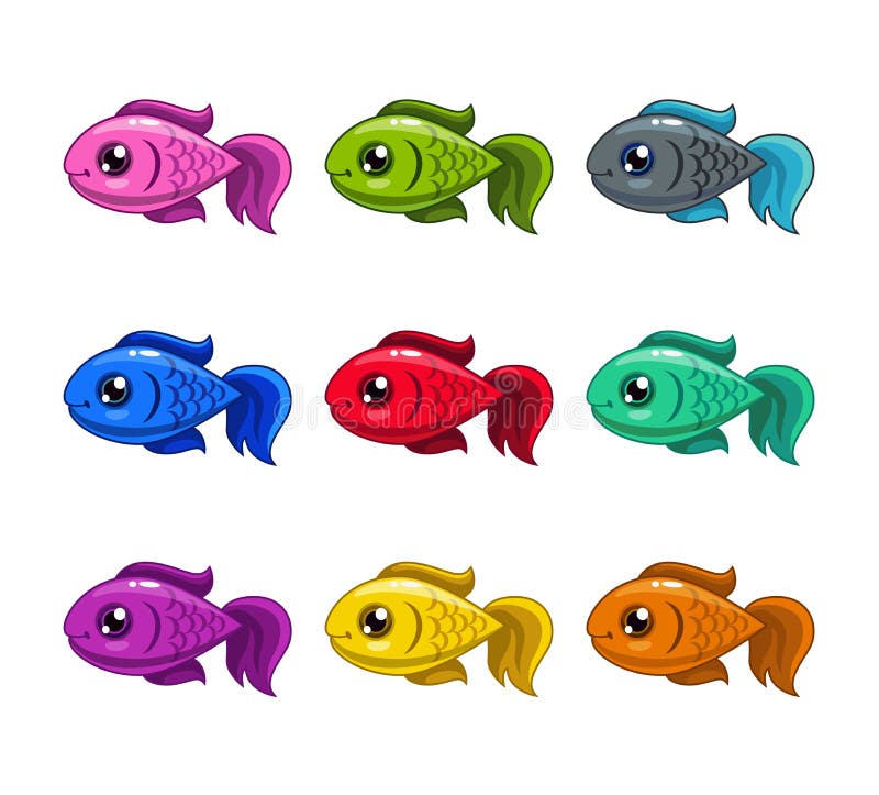 Peixes coloridos dos desenhos animados engraçados ajustados ilustração stock