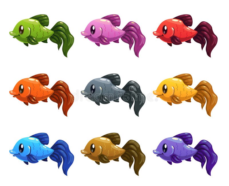 Peixes coloridos dos desenhos animados engraçados ajustados ilustração do vetor