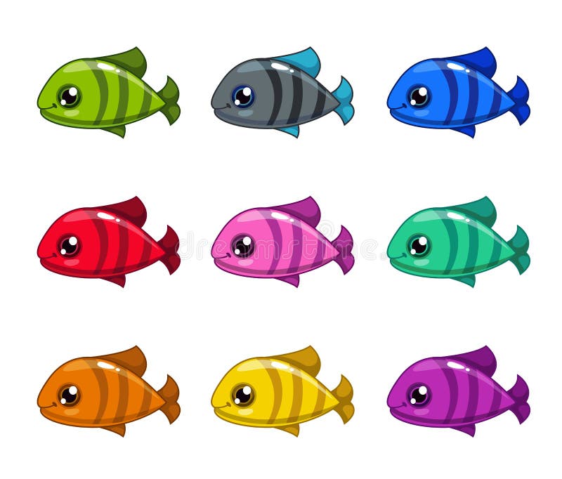 Peixes coloridos dos desenhos animados engraçados ajustados ilustração do vetor