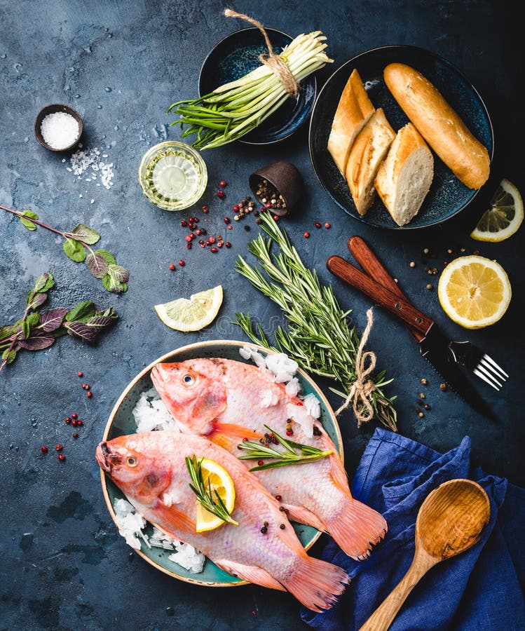 Peixes crus e ingredientes fotografia de stock royalty free Peixes crus e ingredientes fotografia de stock royalty free