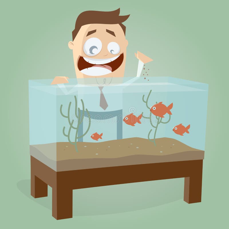 Peixes de alimentação do aquário do homem feliz ilustração stock Peixes de alimentação do aquário do homem feliz ilustração stock