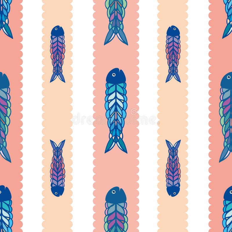 Peixes multicoloridos tirados mão no estilo geométrico da arte popular Teste padrão sem emenda do vetor no fundo branco com coral ilustração stock Peixes multicoloridos tirados mão no estilo geométrico da arte popular Teste padrão sem emenda do vetor no fundo branco com coral ilustração stock