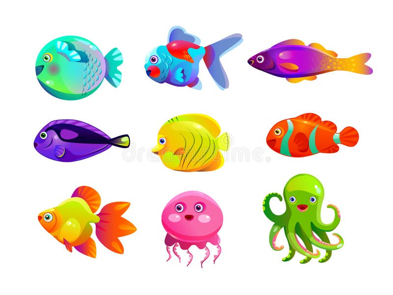 Peixes tropicos coloridos dos desenhos animados engraçados ilustração stock