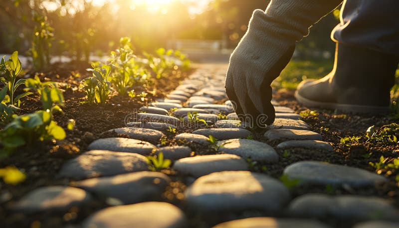 Pejzażysta układający kamienne w ogrodzie przy zachodzie słońca. Koncepcja pracy na wolnym powietrzu Precyzja naturalna fotografia stock