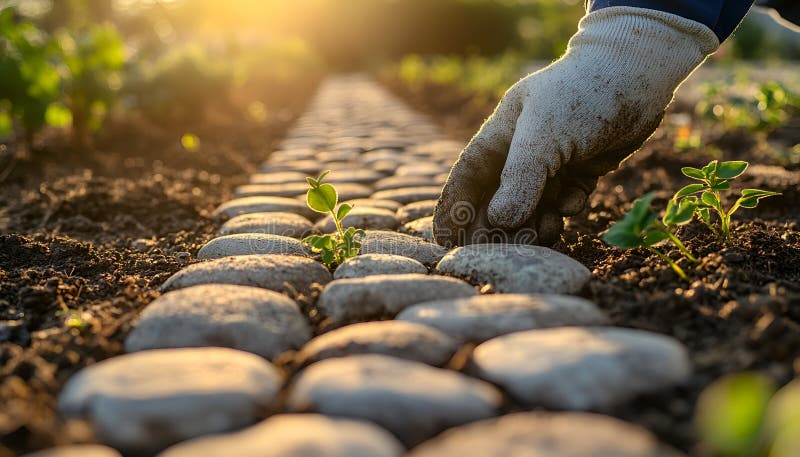 Pejzażysta układający kamienne w ogrodzie przy zachodzie słońca. Koncepcja pracy na wolnym powietrzu Precyzja naturalna obraz stock