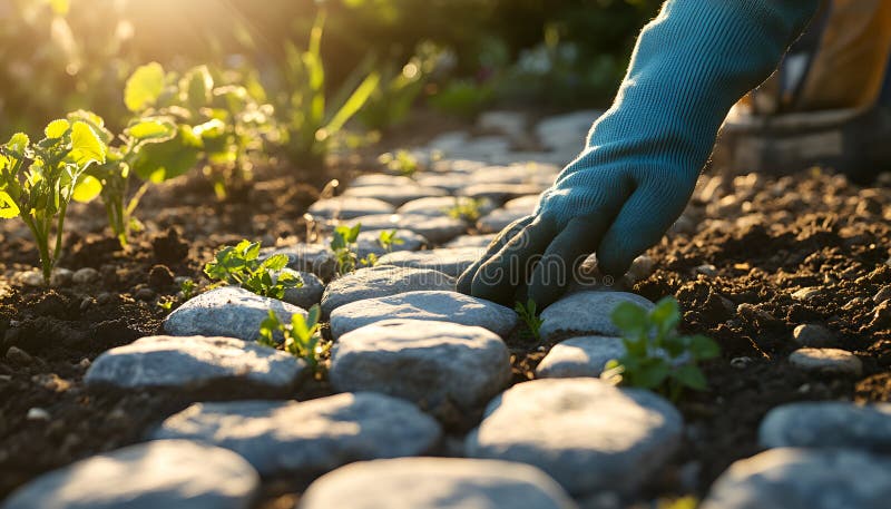 Pejzażysta układający kamienne w ogrodzie przy zachodzie słońca. Koncepcja pracy na wolnym powietrzu Precyzja naturalna fotografia stock