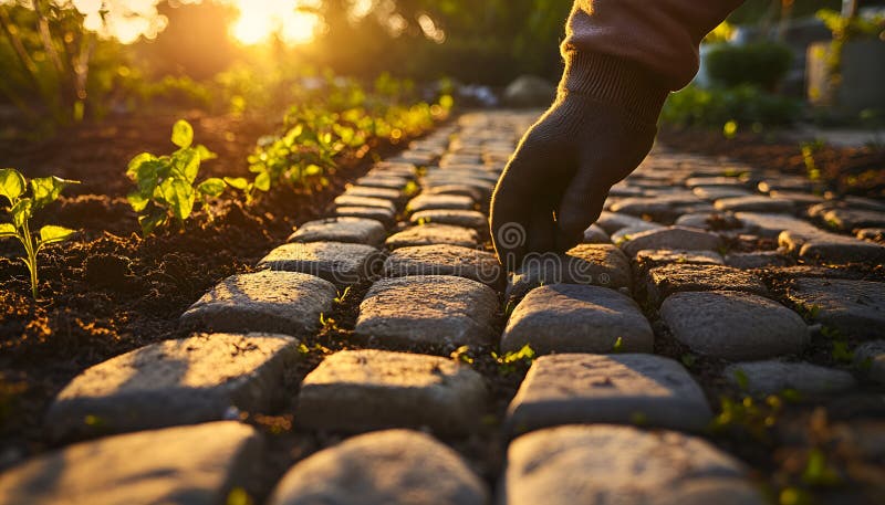 Pejzażysta układający kamienne w ogrodzie przy zachodzie słońca. Koncepcja pracy na wolnym powietrzu Precyzja naturalna obrazy stock