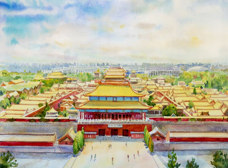 Pekin zakazująca miasto sceneria w Chiny. Obrazu punktu zwrotnego turystyki lokacji miasta sławna Pekin zakazująca sceneria w Chiny Akwarela obrazu krajobraz kolorowy architektura wysokiego kąta widok szczotkarski węgiel drzewny rysunek rysujący ręki ilustracyjny ilustrator jak spojrzenie robi pastelowi tradycyjny