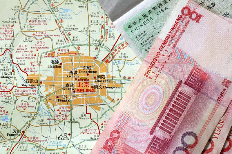 Beijing map, Chinese tourist visa and 100 Yuan notes. Beijing map, Chinese tourist visa and 100 Yuan notes.