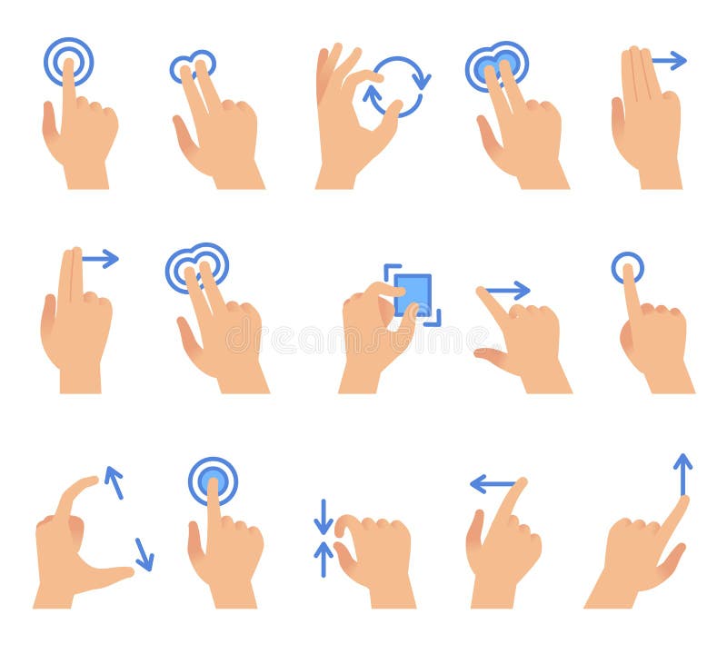 Pekskärmhandgester Apparatkommunikationen för den rörande skärmen, friktion som använder fingergesten för apps, har kontakt vekto stock illustrationer
