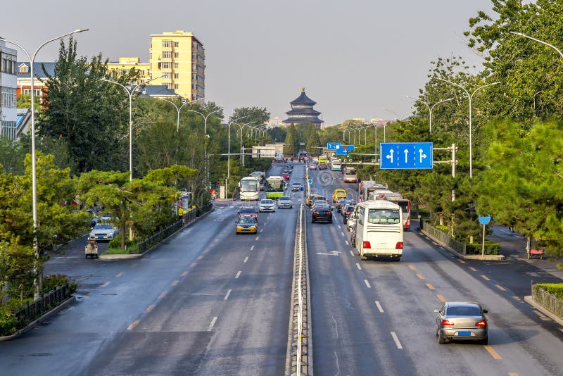 Street view in Beijing with Temple of heaven at distance. Street view in Beijing with Temple of heaven at distance