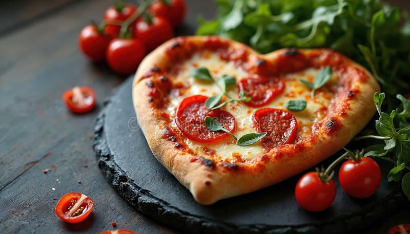 Pellagerad pizza med pepperontomater, färsk basilika. Romantisk livsmedelsscen med trevlig atmosfär. Mjukt kulinariskt beröm. stock illustrationer