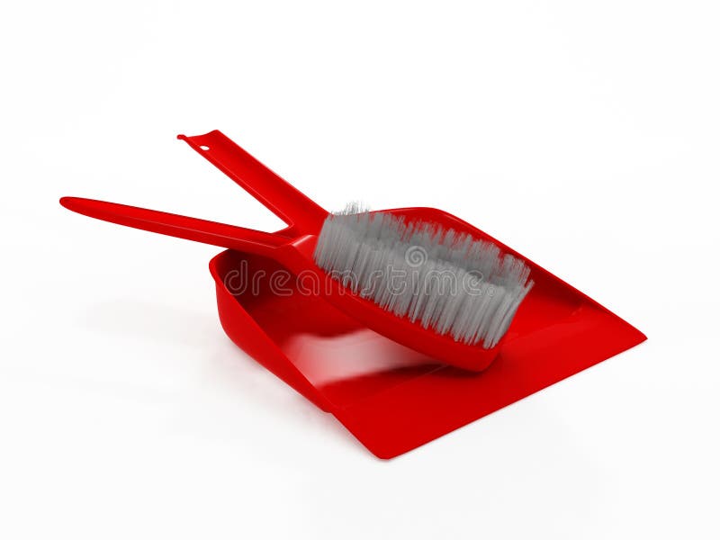 3D red dustpan and broom stick isolated on white background. 3D red dustpan and broom stick isolated on white background