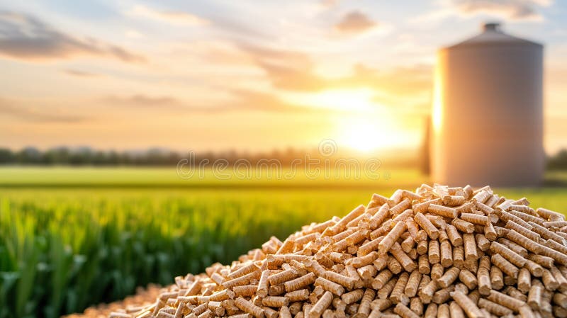 Pellets av trä belyses med varm glöd av solnedgång med silo och lush gröna fält i bakgrunden. stock illustrationer