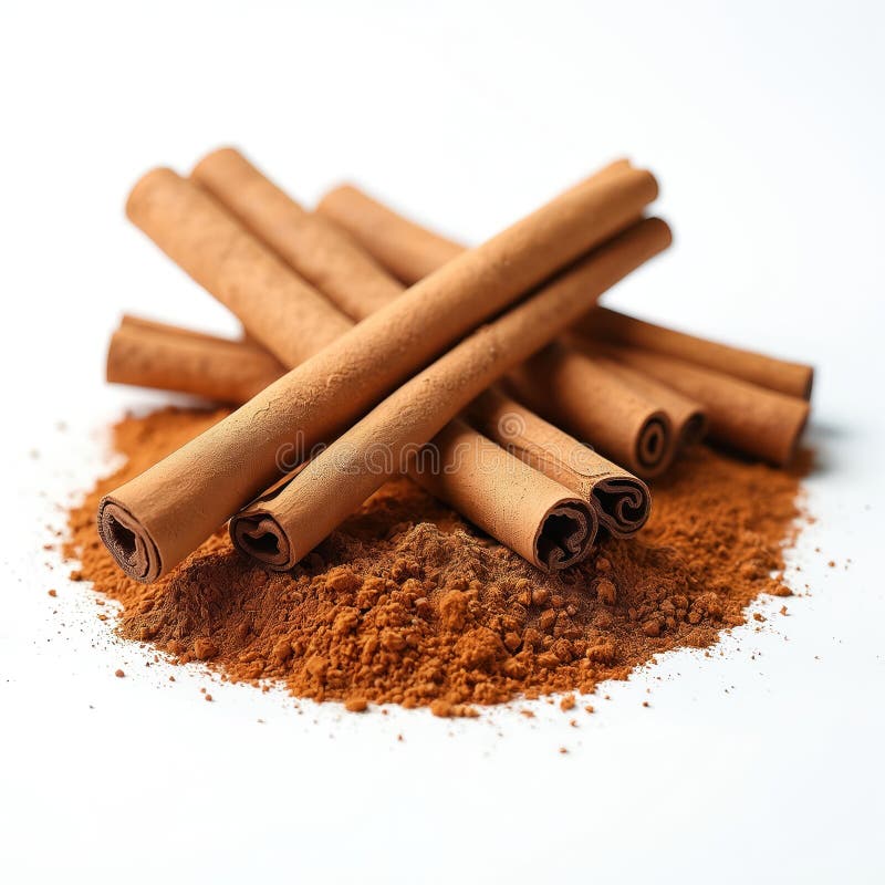 Pellicce aromatiche di cannella e polveri su fondo bianco. Spezie di marrone profumato per dolci al natale royalty illustrazione gratis