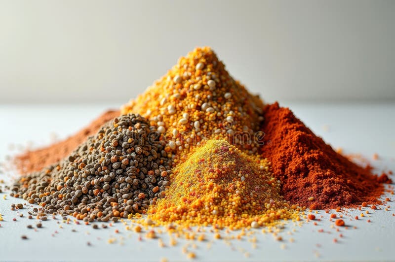 Pellicce di spezie colorate con paprika tormerica e semi vari fotografia stock libera da diritti