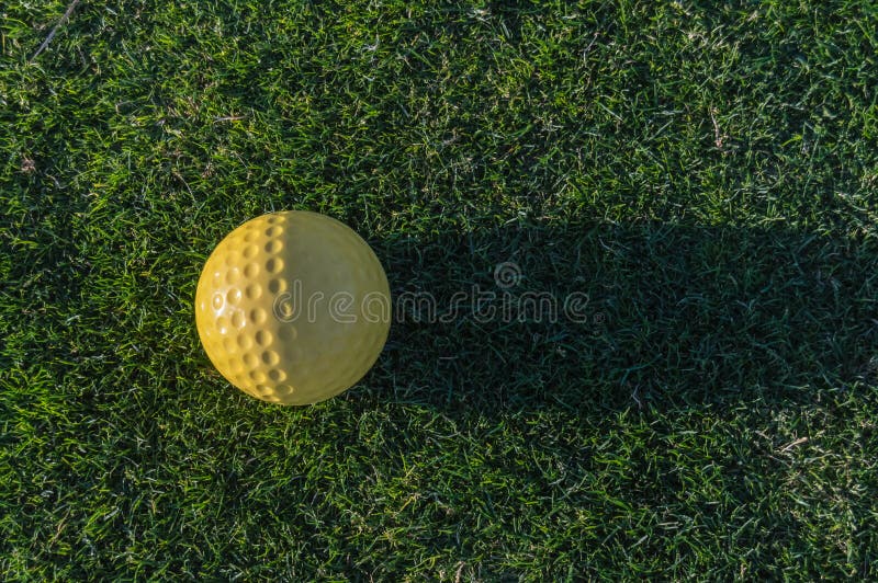 Pelota de golf amarilla con su sombra en la hierba de un curso cerca de S imagen de archivo libre de regalías Pelota de golf amarilla con su sombra en la hierba de un curso cerca de S imagen de archivo libre de regalías