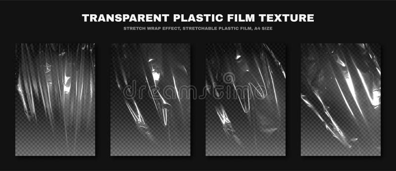 Transparent plastic film texture, stretchable polyethylene film, A4 size. Plastic stretch film effect with crumpled and wrinkled texture. Vector. Transparent plastic film texture, stretchable polyethylene film, A4 size. Plastic stretch film effect with crumpled and wrinkled texture. Vector