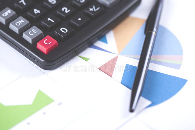 Pen with Calculator and Graph on Table Stock Image Image of market