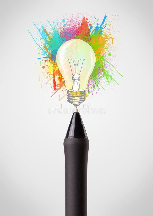 Pen Closeup with Colored Paint Splashes and Lightbulb Stock Photo