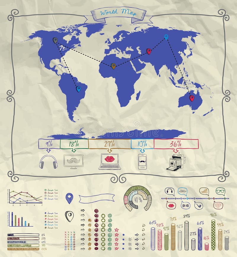 Pen Drawing Warld Map. Infographics on Crumpled