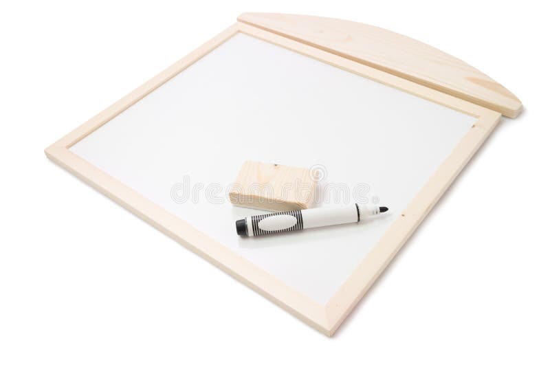 Pen and Eraser on Wooden Whiteboard on white