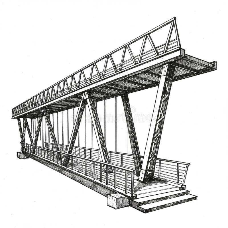 Pen illustration of a truss bridge with a geometric, lattice structure. It features vector illustration