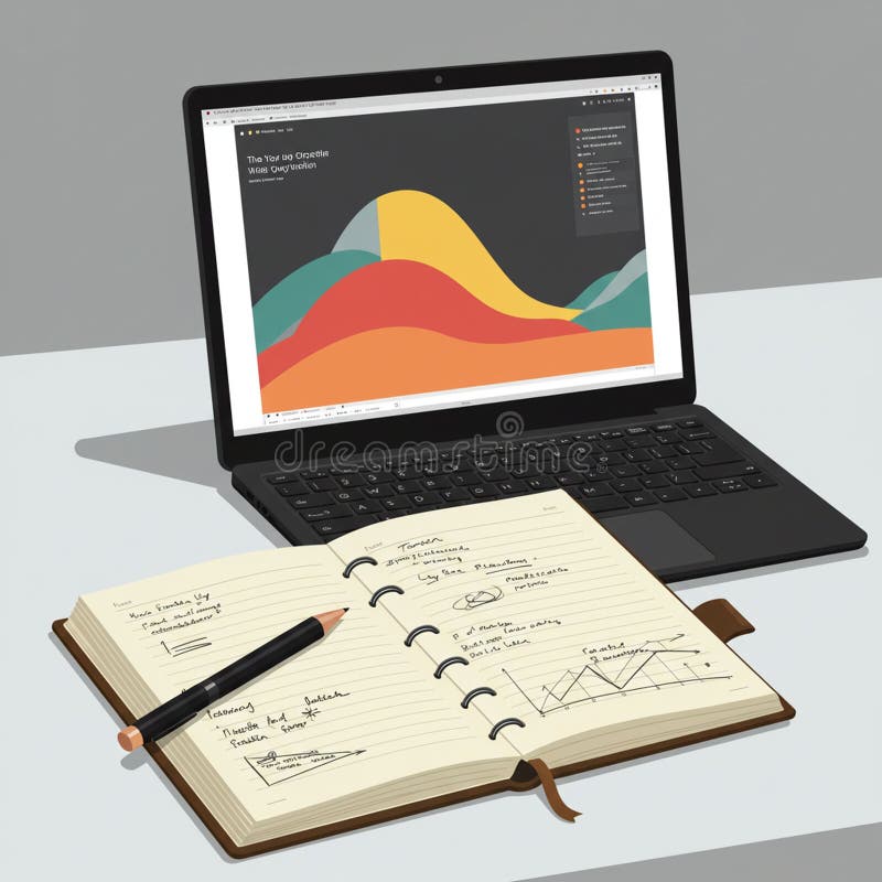 Pen laptop displaying a colorful, abstract graphics interface. In front, a spiral vector illustration