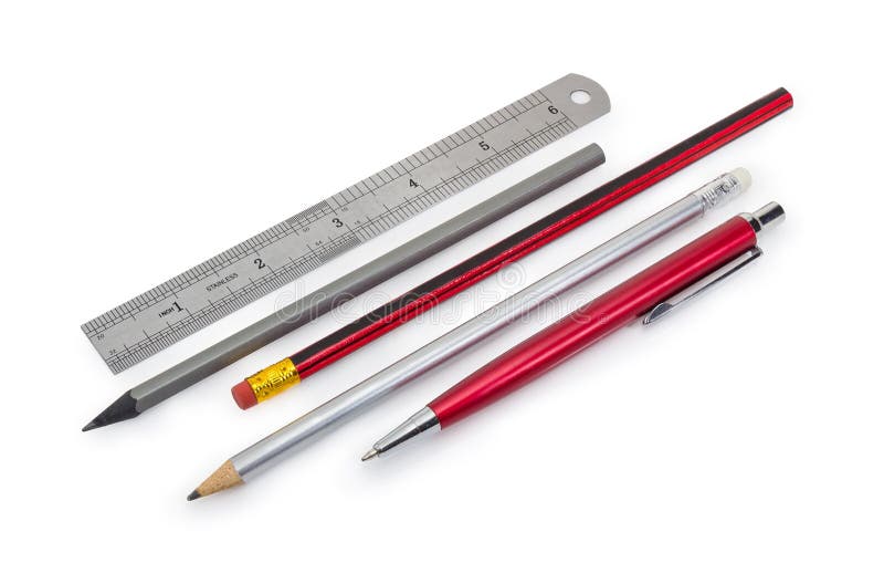 Pen, pencils and measuring ruler in inches royalty free stock images Pen, pencils and measuring ruler in inches royalty free stock images