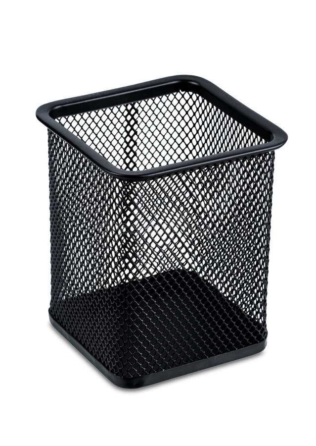 Pena da caixa da rede do metal da forma ou suporte quadrado do lápis isolado no fundo branco fotos de stock Pena da caixa da rede do metal da forma ou suporte quadrado do lápis isolado no fundo branco fotos de stock