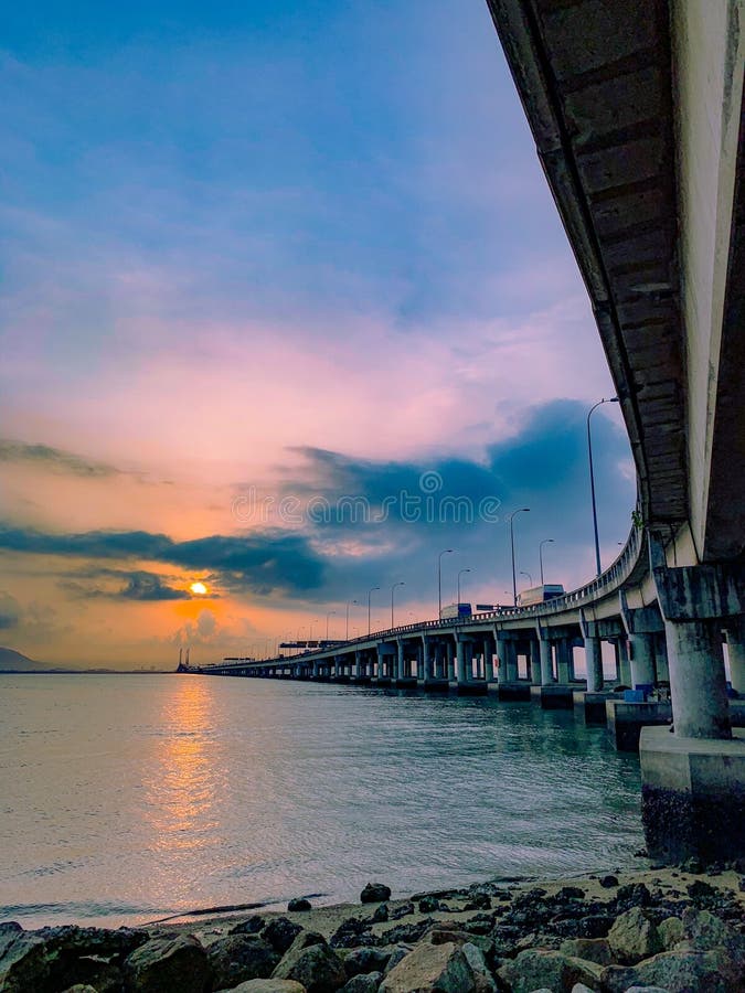 Penang Bridge View From The Shore Stock Image Image of night