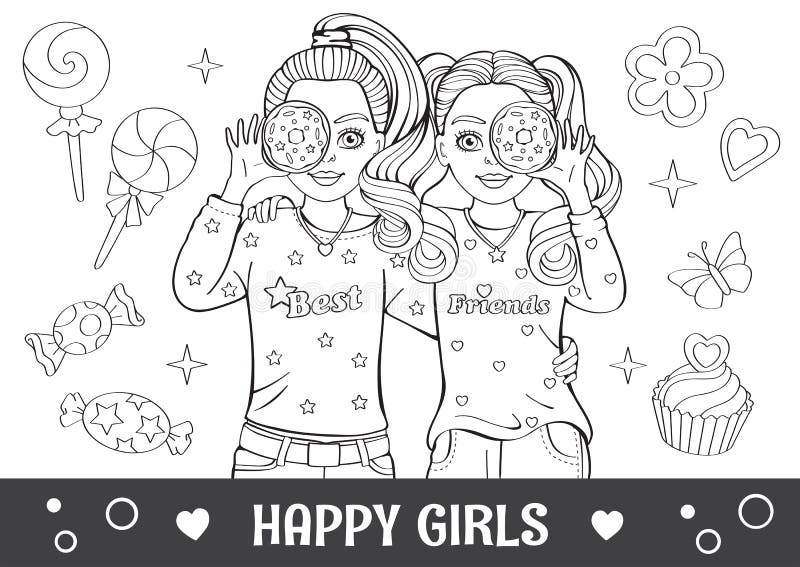 Pencil Drawing. Antistress Coloring Book, Page. Best Friends. Cartoon  Stylish Girl with Donut. Set Desserts. Children Illustration Stock Vector -  Illustration of cute, dream: 232201083