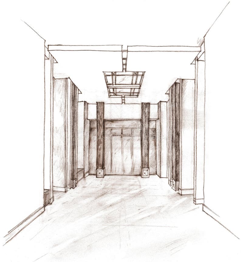 Pencil Drawing of a Modern Hallway Interior. Stock Illustration