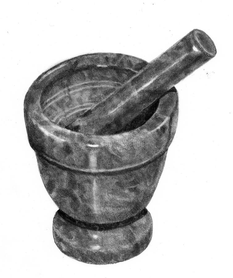 Pencil Drawing of Mortar and Pestle Stock Illustration - Illustration