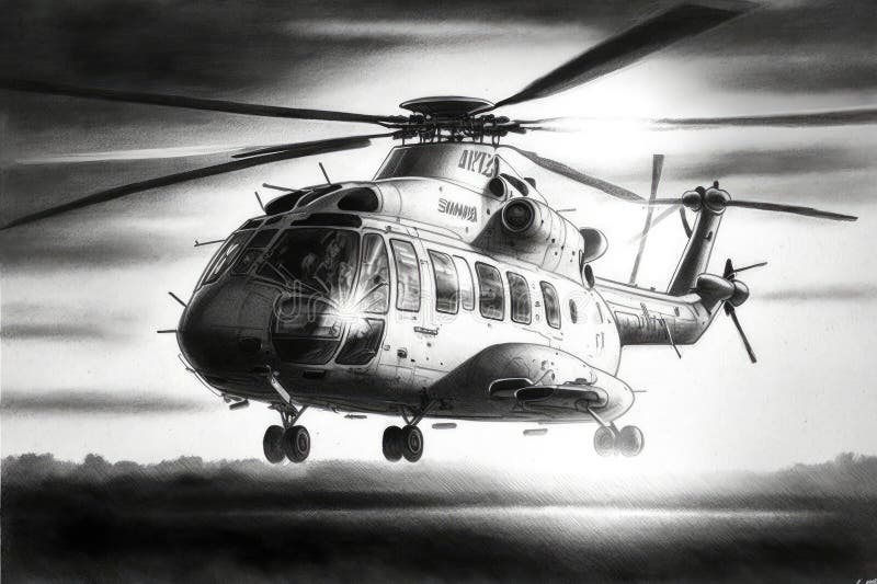 Pencil Drawing of Sleek and Modern Helicopter with Sun Behind it Stock