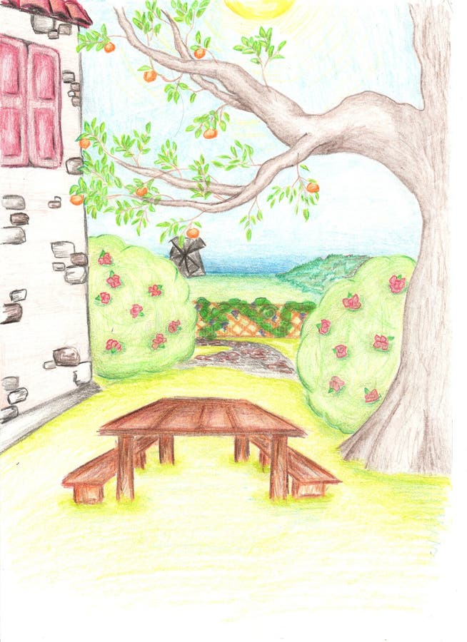 Pencil drawing of tree and house with the small garden royalty free illustration Pencil drawing of tree and house with the small garden royalty free illustration