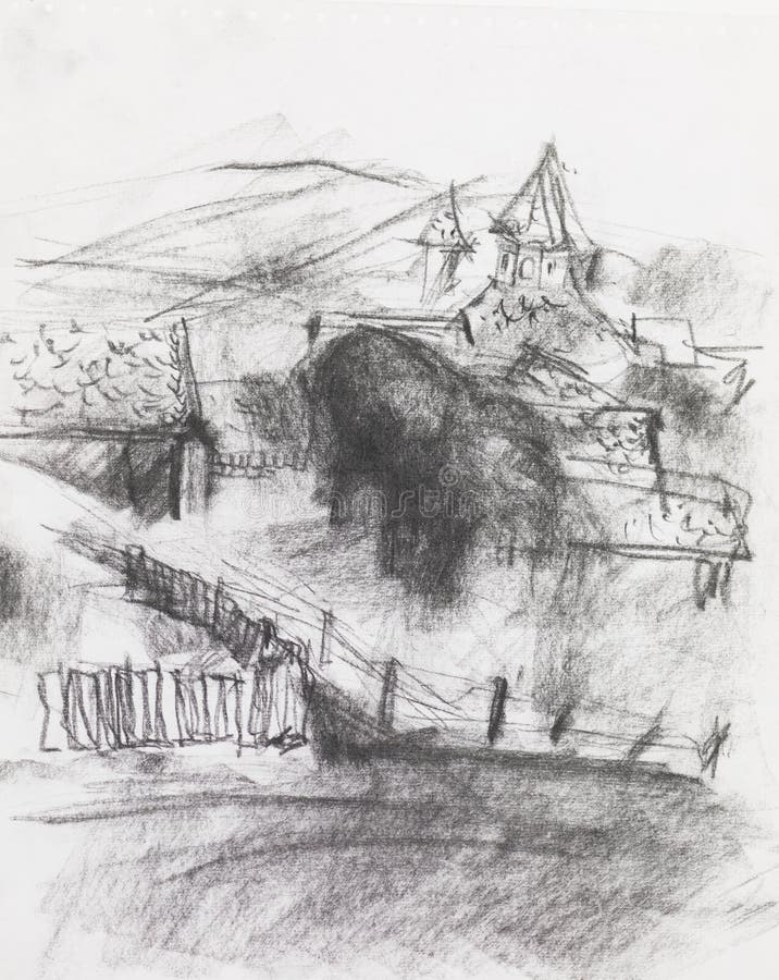 Pencil Drawing of a Village Stock Illustration Illustration of