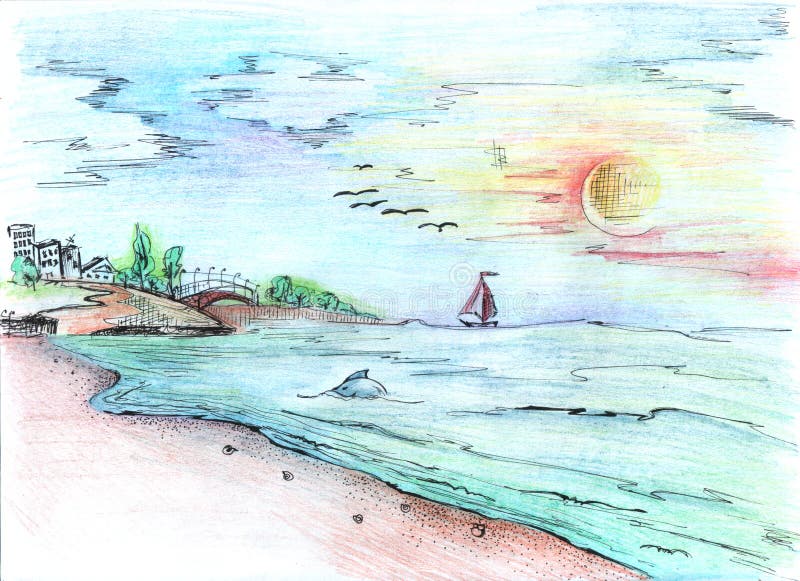 Oil pastel Drawing Sunset Sea seascape / Oil pastel Landscape Clouds Sky  /Swanee art - PaintingTube