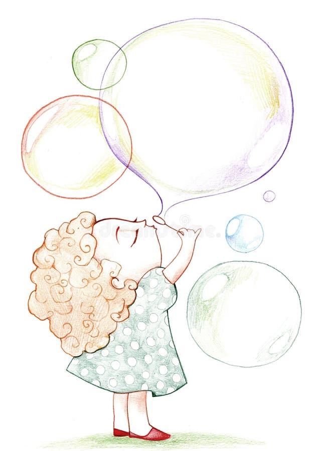 Line drawing of girl blowing bubbles