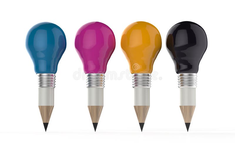 Pencil lightbulb head in cmyk color as creative concept stock illustration