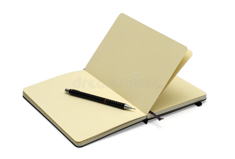 Pencil on notebook, isolated on white background