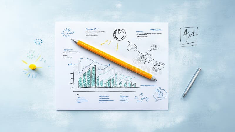 Pencil and paper, a detailed illustration of graph for data analysis visualization royalty free illustration